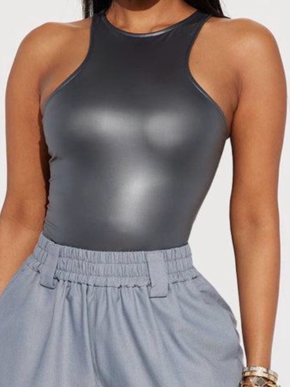 Fashion Nova Metallic Gray High-Neck Bodysuit